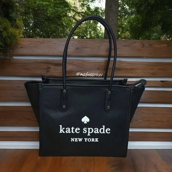 kate spade Ella LOGO Pebbled Leather Tote + Wallet in Black NWT